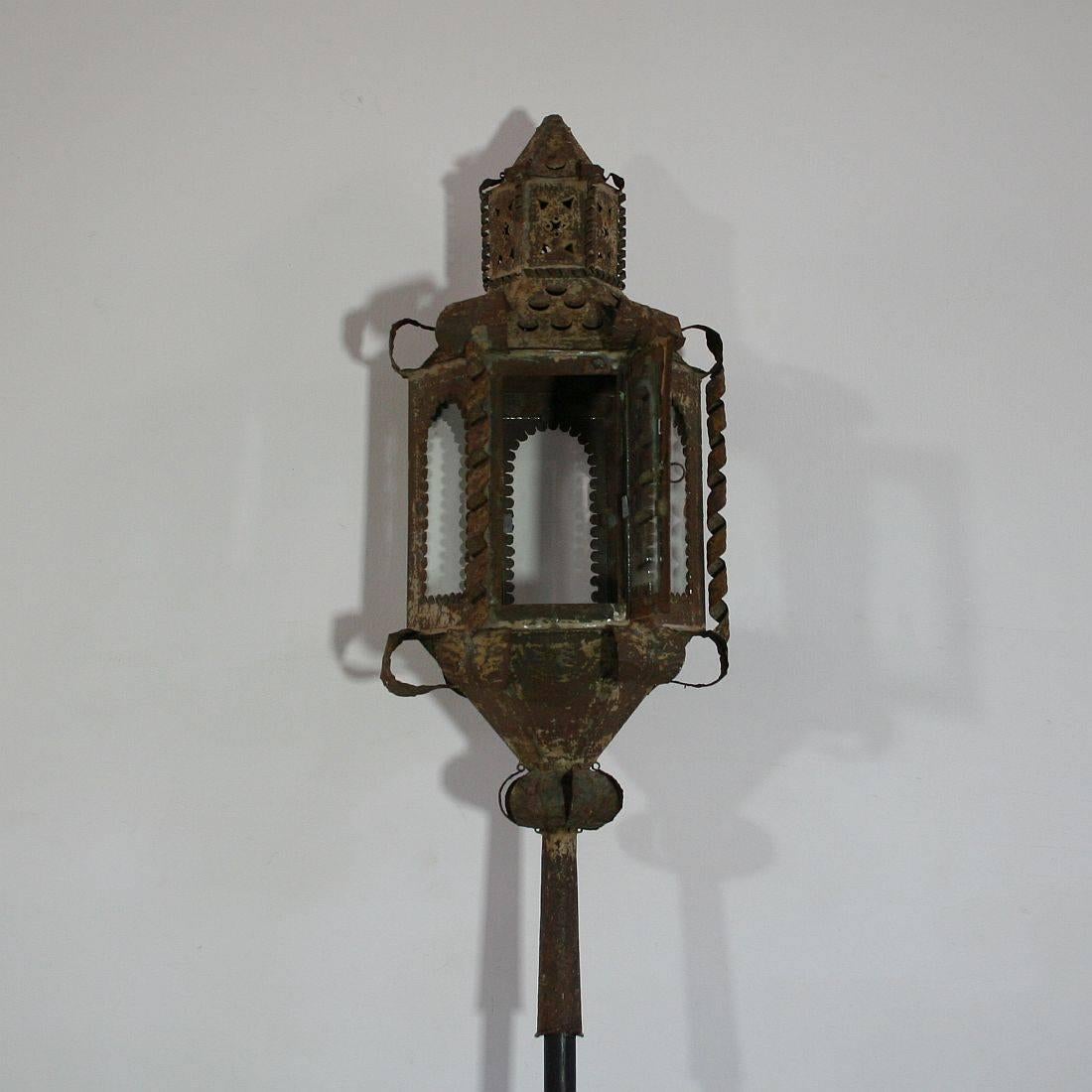 Beautiful and very old lantern made out of iron. Very rare object.
France, circa 1750
Weathered, some losses. Glass replaced. Sold without the stick.