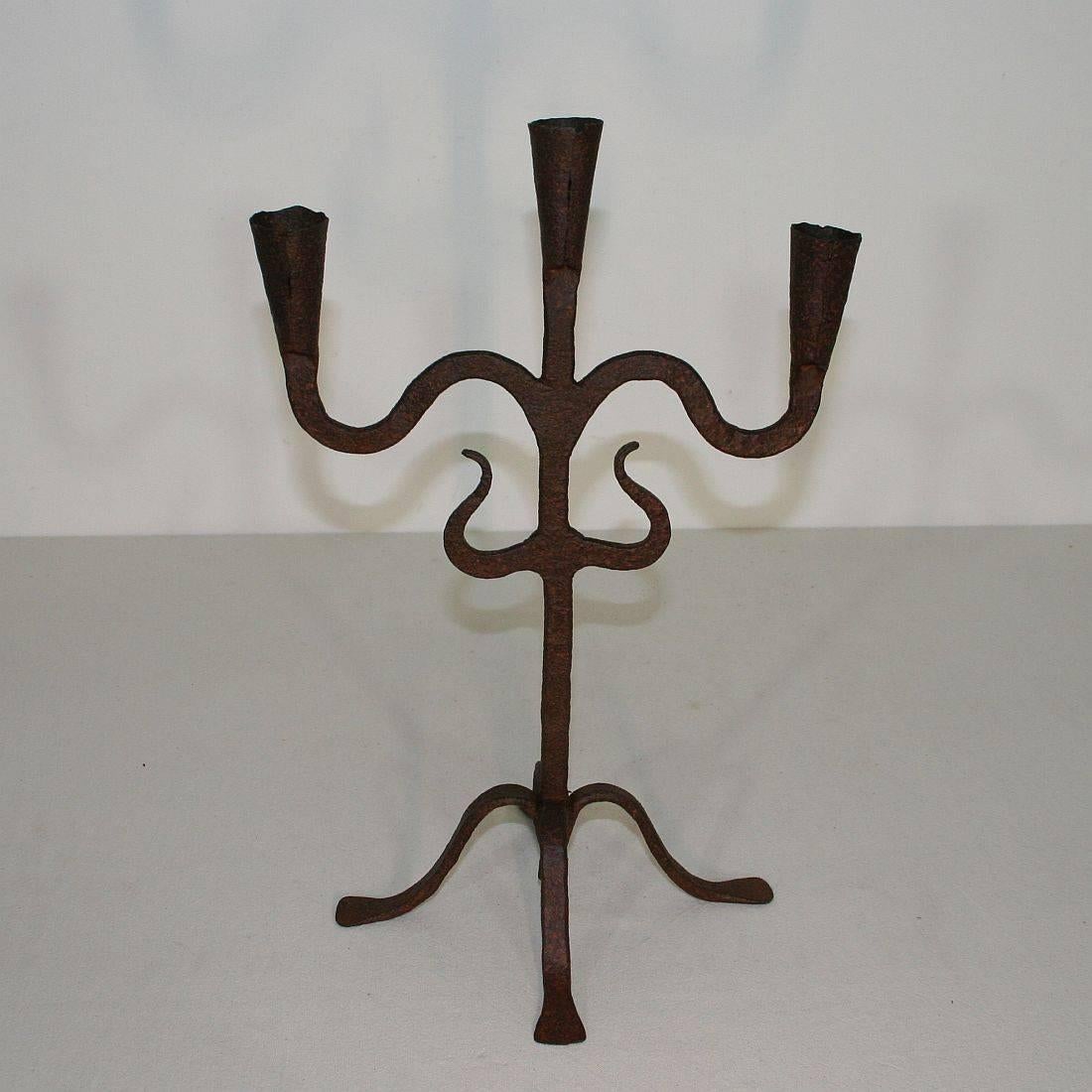 Rustic Pair of 18th Century Hand-Forged Iron Candleholders
