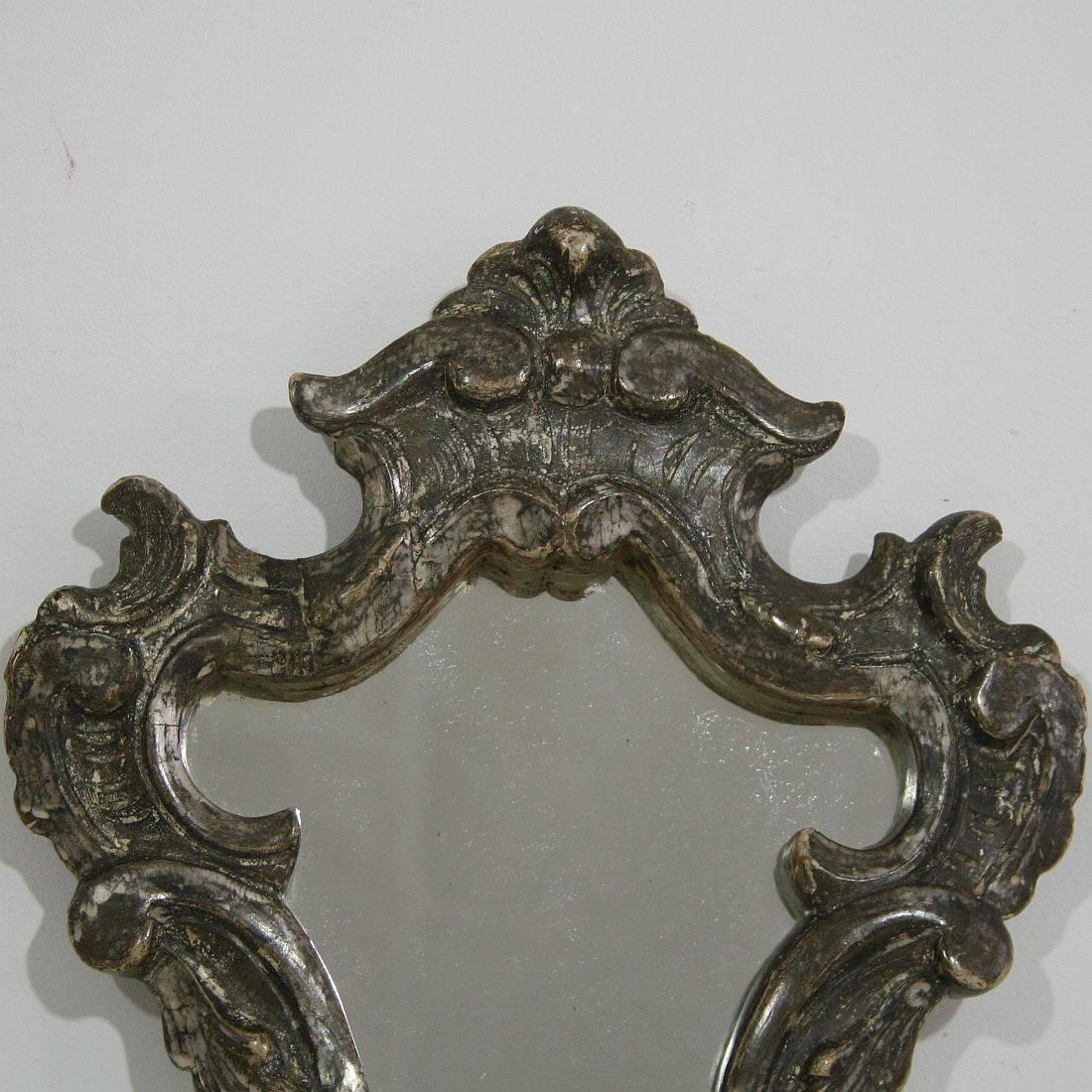 Hand-Carved Small 18th Century, Italian Baroque Silver Carved Wood Mirror