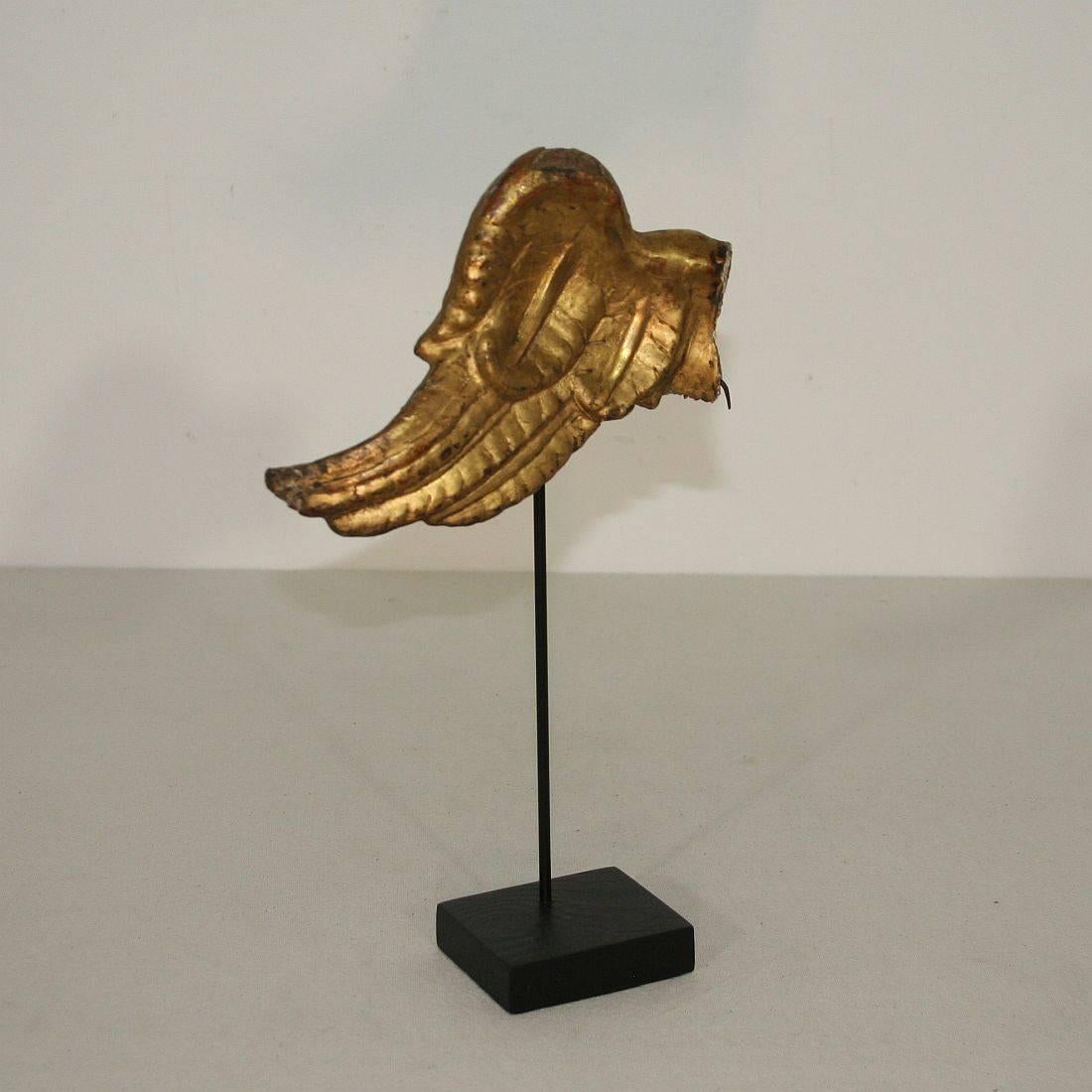 Beautiful Baroque angel-wing with its original gilding. Rare and very decorative item placed on a wooden base, Italy, circa 1750. Weathered. Measurement is inclusive the wooden base.
