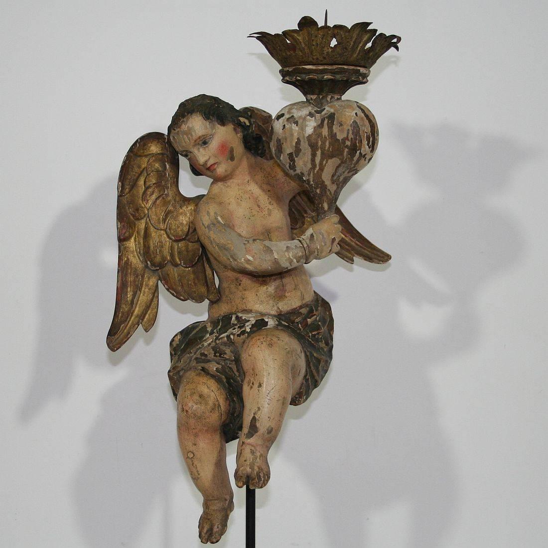 18th Century, Italian Carved Wood Baroque Angel with Candleholder In Fair Condition In Buisson, FR