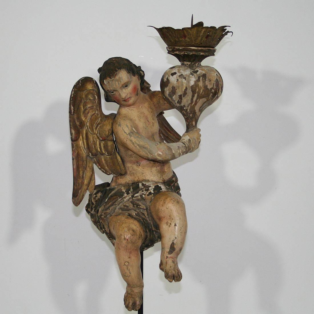 Hand-Carved 18th Century, Italian Carved Wood Baroque Angel with Candleholder