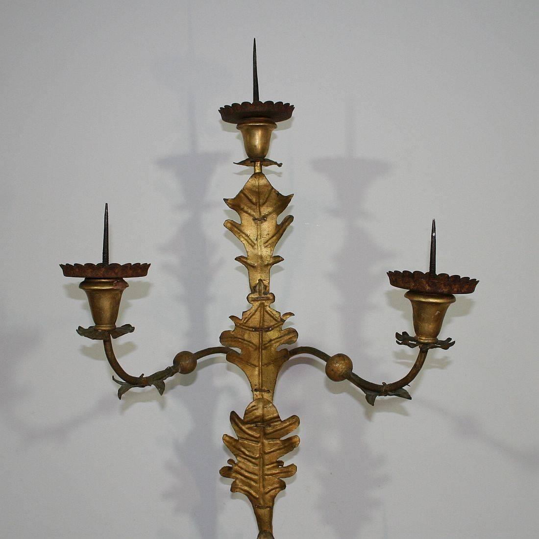 18th Century and Earlier Large Italian 18th Century Gilded Iron Baroque Candleholder or Candelabra