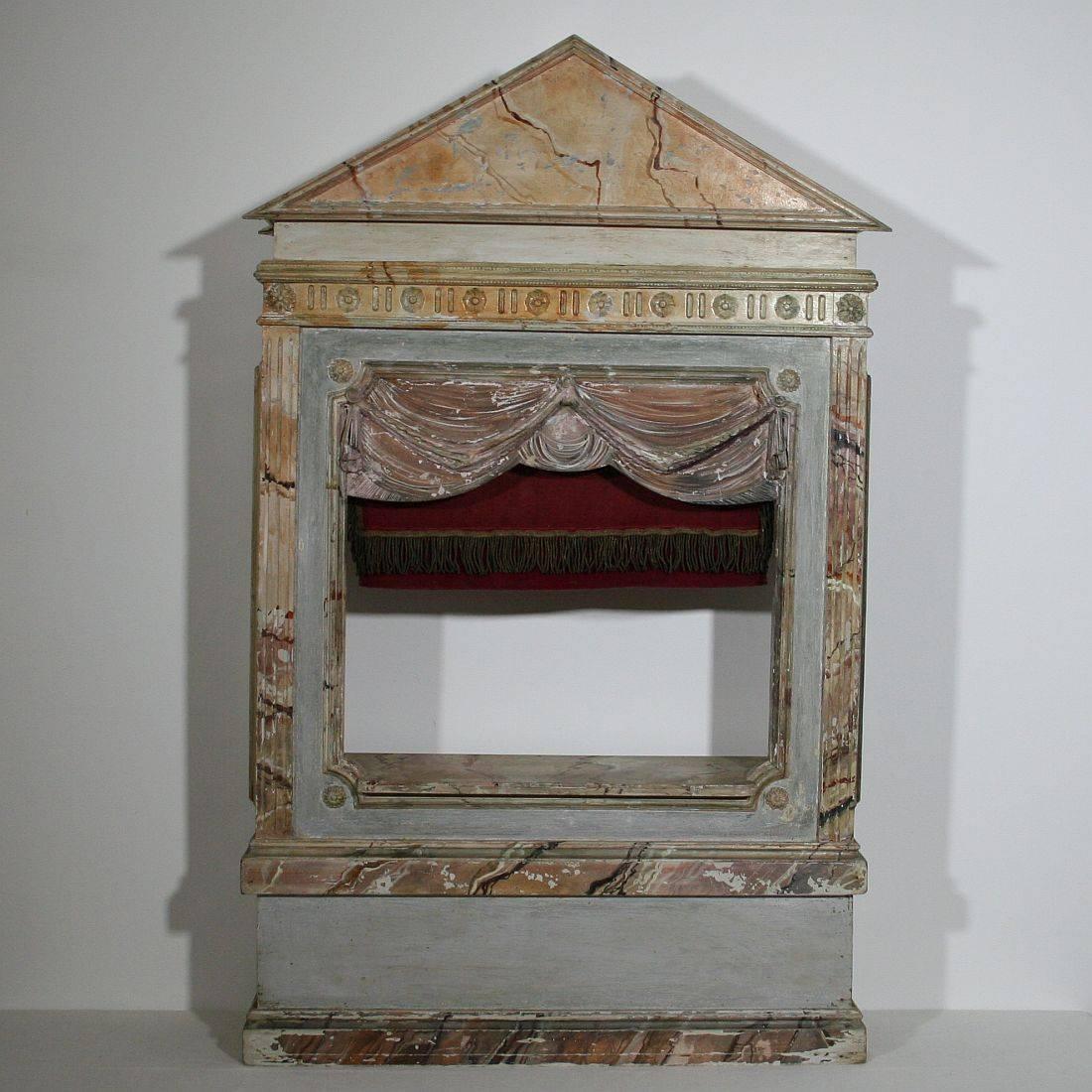Fabulous and extremely rare puppet theater with great color and its curtain,
France, circa 1900.
Weathered, small losses and old repairs.
 