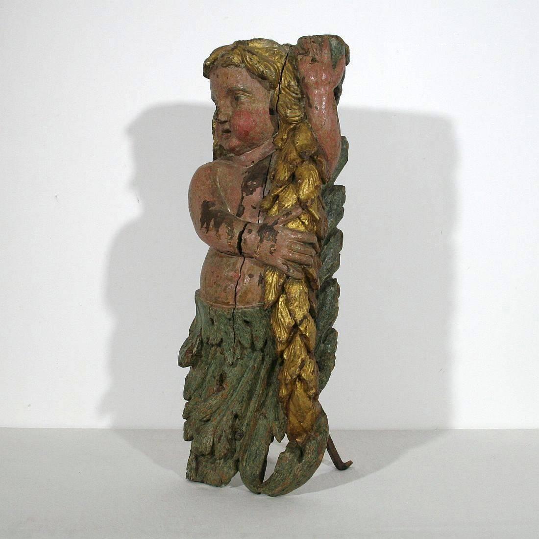 Hand-Carved 17th Century French Carved Oak Baroque Angel Figure