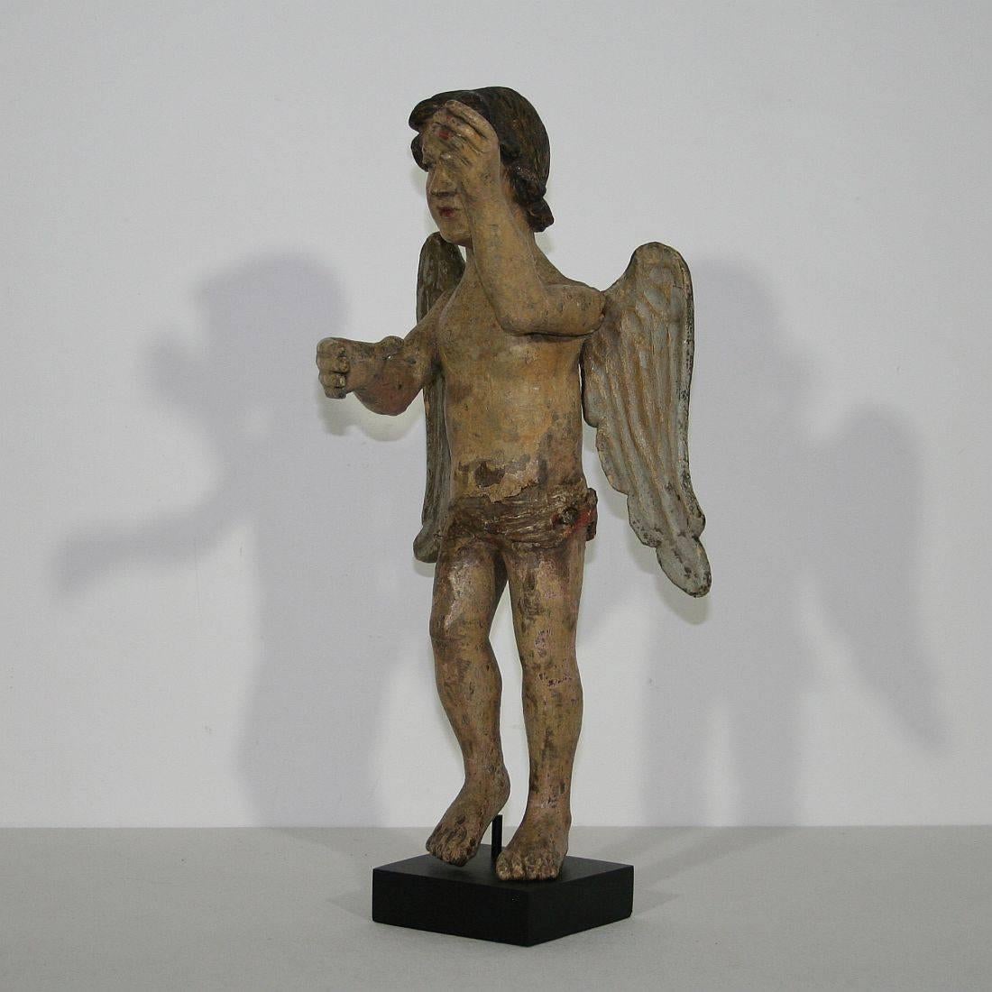 Hand-Carved 18th Century French Folk Art Baroque Carved Wooden Standing Angel