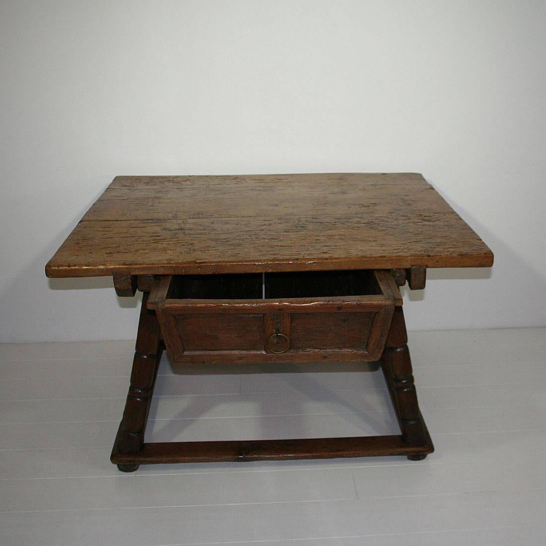 Beautiful and rare Austrian payment table with drawer,
Austria, circa 1750.
Weathered and small old repairs. Treated against woodworm on 25 June 1980 (visible stamp on photo)
More pictures available on request.