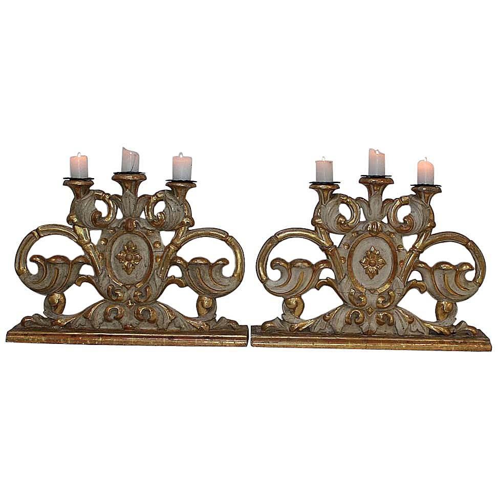 Pair of 18th Century Italian Baroque Carved Wooden Candleholders/Candlesticks