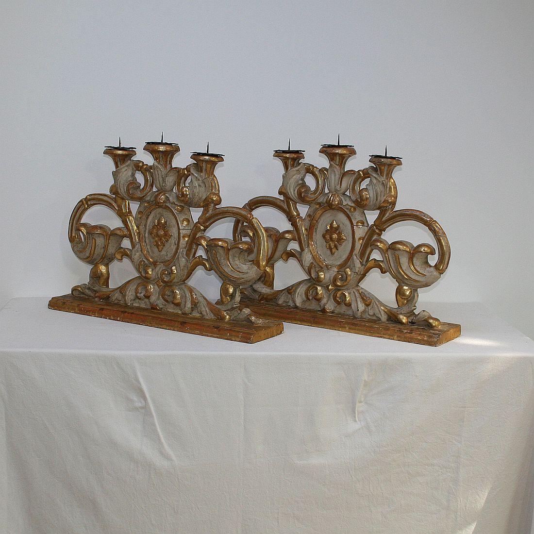 Hand-Carved Pair of 18th Century Italian Baroque Carved Wooden Candleholders/Candlesticks