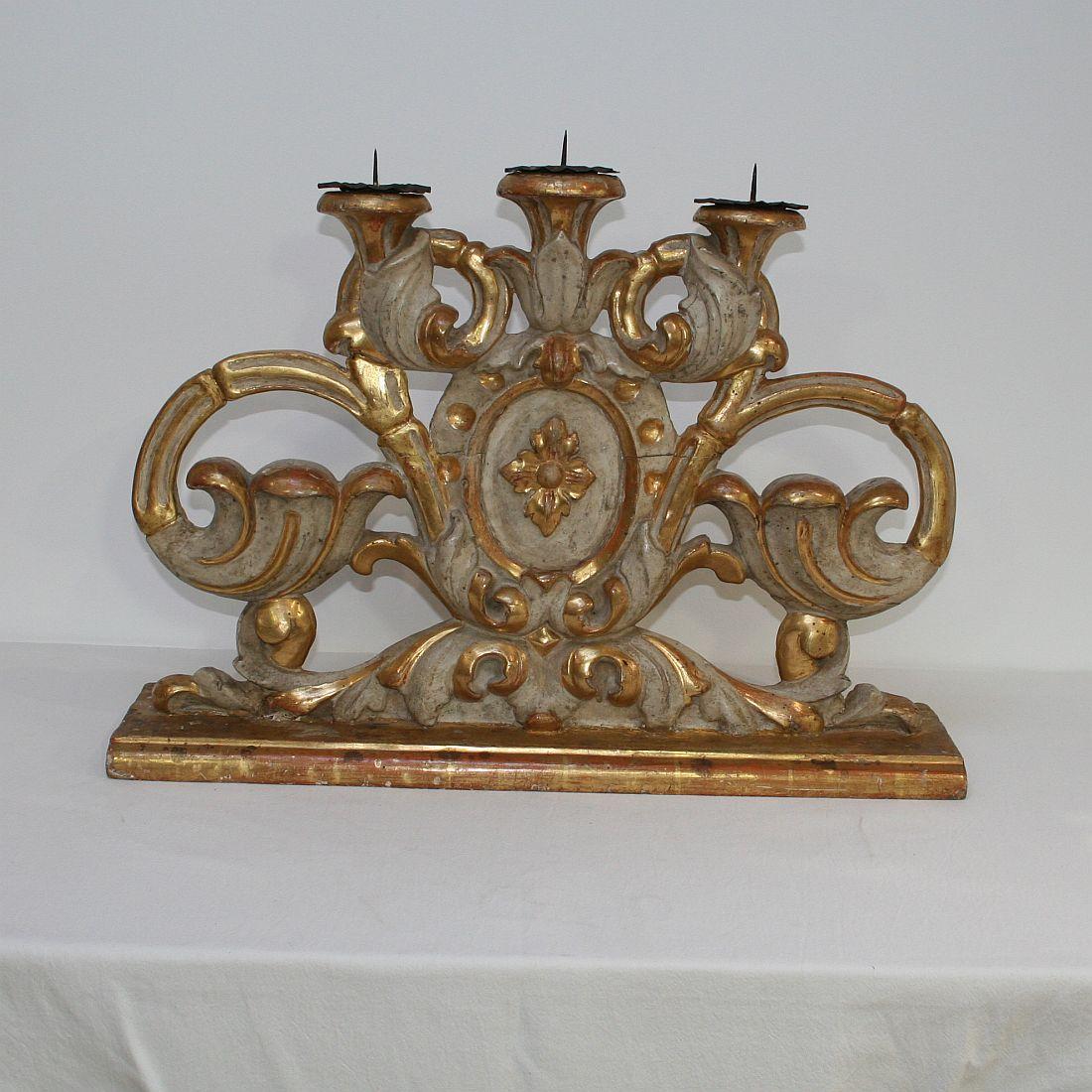 18th Century and Earlier Pair of 18th Century Italian Baroque Carved Wooden Candleholders/Candlesticks