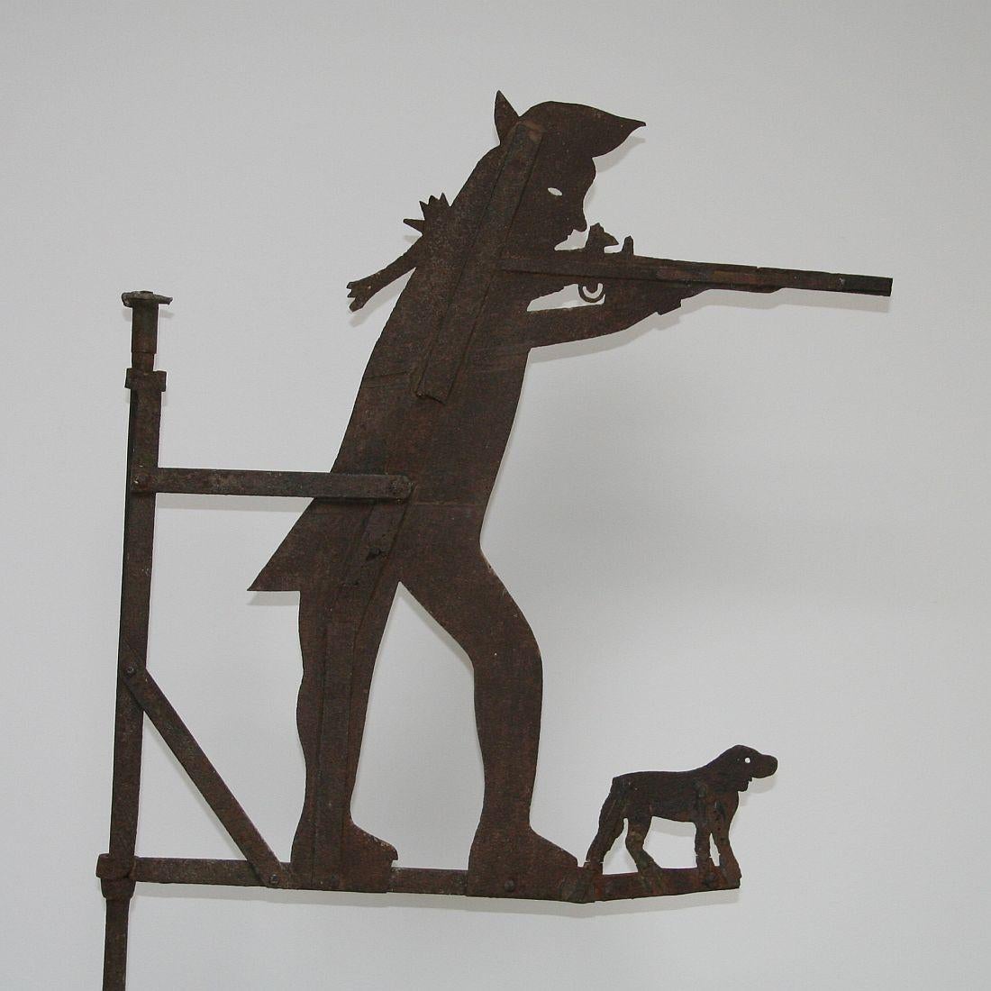 Beautiful and rare French weathervane. Hunter with its dog.
Unique and original period piece, France, circa 1750.
Weathered, small losses and old repairs.