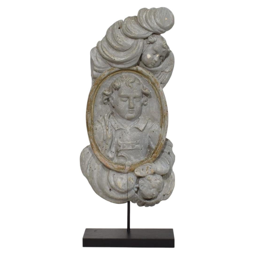 French 17/ 18th Century Carved Wooden Baroque Panel Depicting A Saint And Angels For Sale