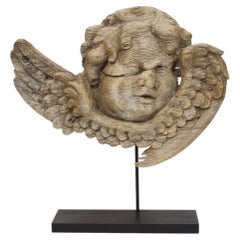 17/18ème siècle Français Baroque Chêne sculpté Tête d'Ange sur Ailes