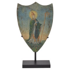 Antico scudo processionale francese con dipinto raffigurante un santo vescovo, 1750-1850 circa