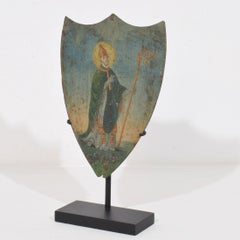 Antico scudo processionale francese con dipinto raffigurante un santo vescovo, 1750-1850 circa
