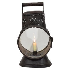 1800-1830 Antique French Punched Tin Biface Double Bullseye Candle Lantern