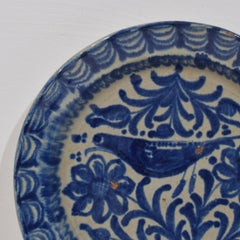 19th-Century Antique Spanish Fajalauza Cobalt Blue Bird Ceramic Lebrillo