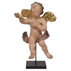 1720-1750 Antique German Baroque Giltwood Angel Cherub Putto Full Sculpture