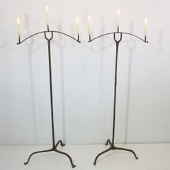 Early 17th Century Spanish Gothic Wrought Iron Floor Candlesticks Pair