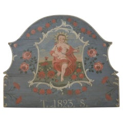 19th Century Antique Dated 1823 European Folk Art Painted Wood Headboard