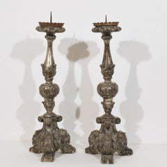 Pair of 18th Century Antique Italian Silver Gilt Wood Candlesticks