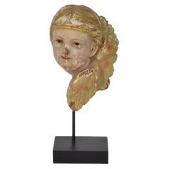 18th Century Spanish Baroque Polychrome Angel Sculpture with Glass Eyes
