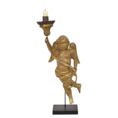 18th Century Italian Giltwood Angel Sculpture Candlestick