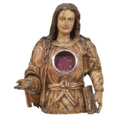 17th Century Italian Polychrome Wood Madonna Bust with Silver Window