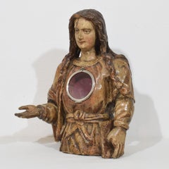 17th Century Italian Polychrome Wood Madonna Bust with Silver Window