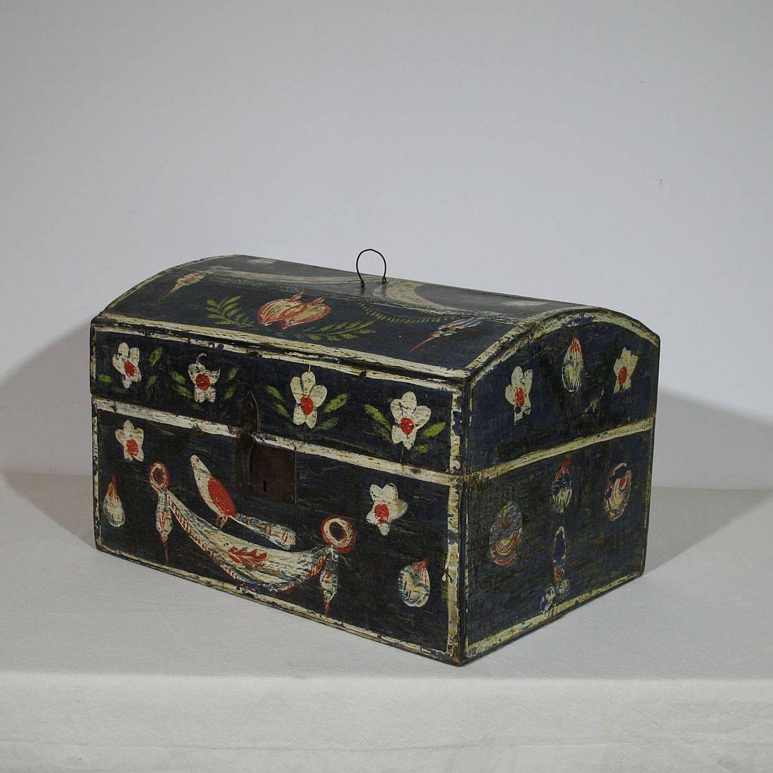 Painted 18th Century French Folk Art Weddingbox from Normandy with Hearts and Bird