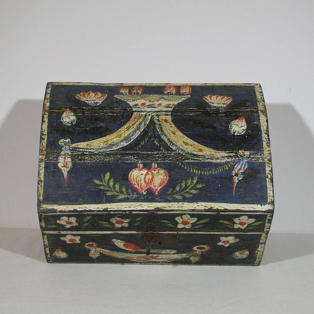 18th Century French Folk Art Weddingbox from Normandy with Hearts and Bird 2