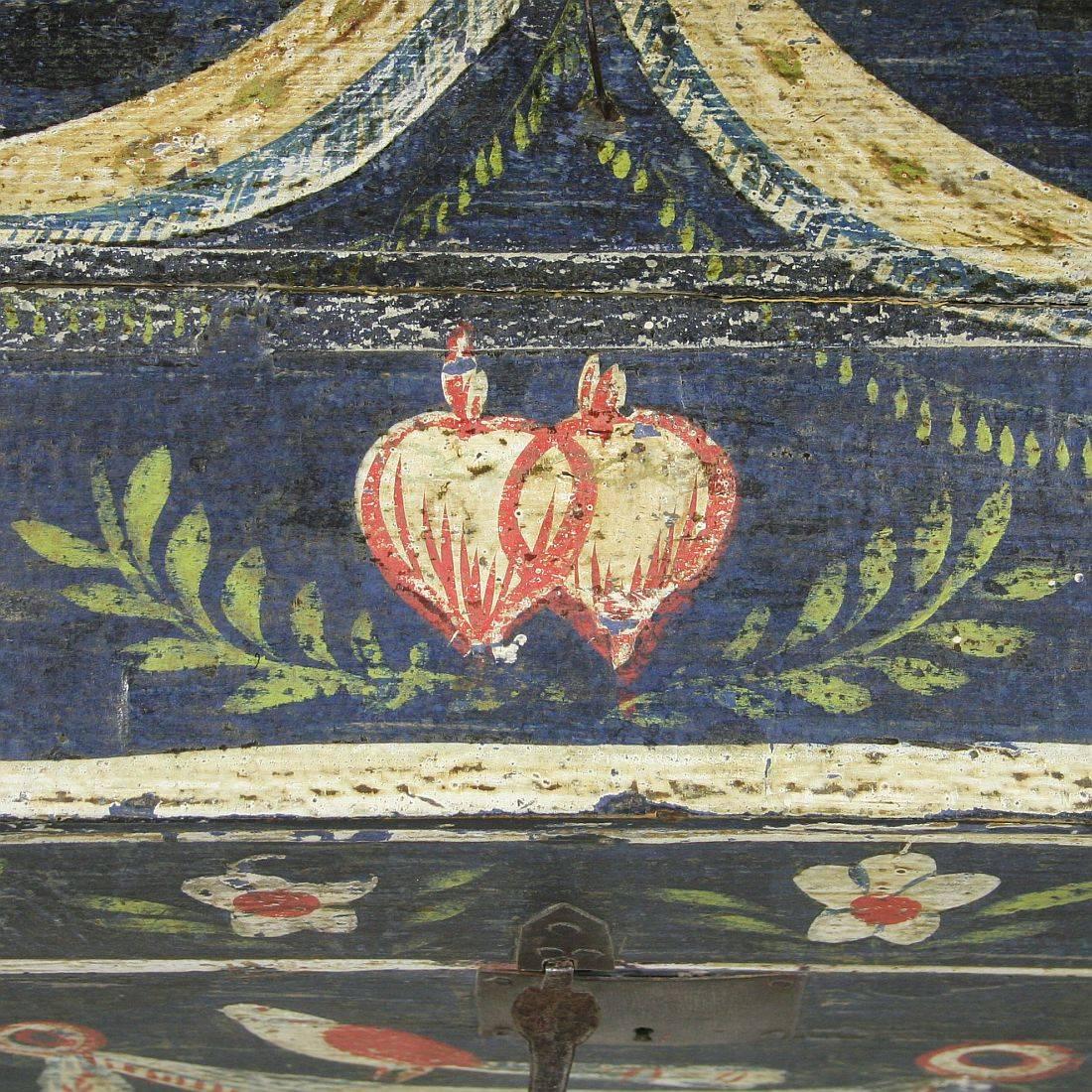 18th Century French Folk Art Weddingbox from Normandy with Hearts and Bird 3