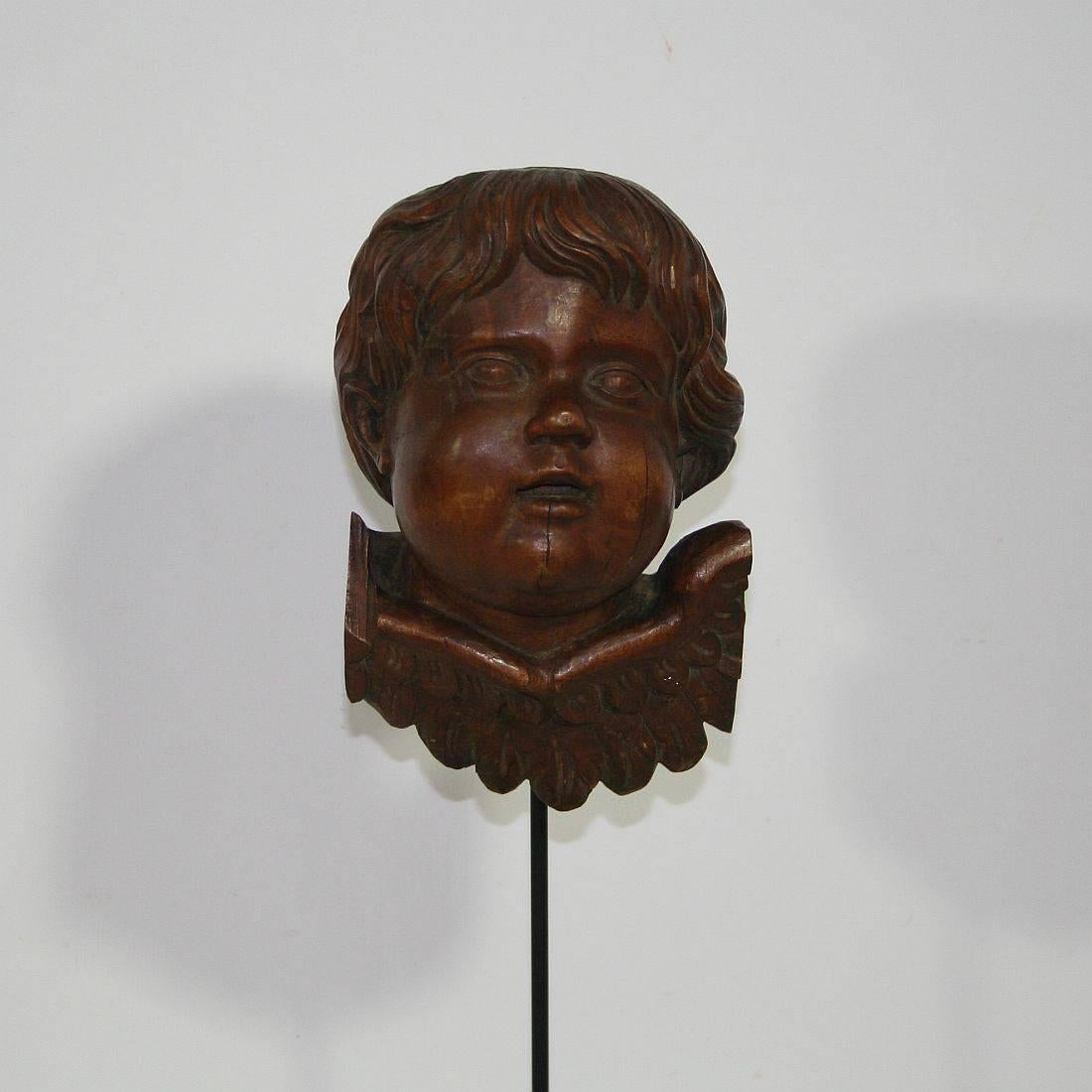 Beautiful fragment of a cherub head. France, circa 1700-1750
Weathered, losses. Measurement here below inclusive the wooden base.