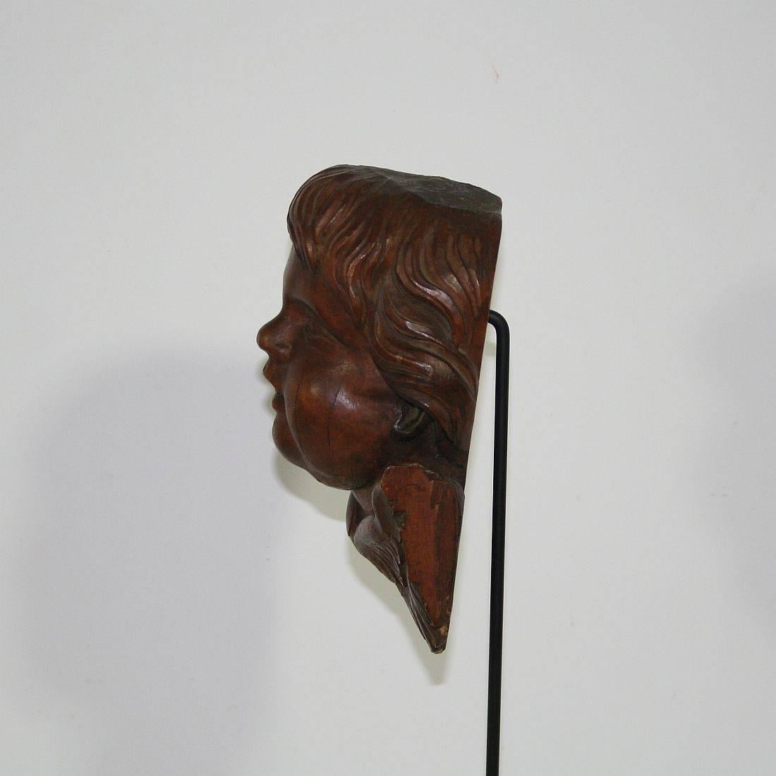French 18th Century Carved Wood Baroque Angel Head Cherub 1
