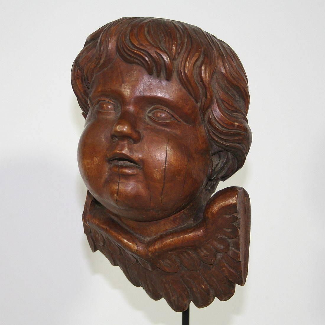 French 18th Century Carved Wood Baroque Angel Head Cherub 4