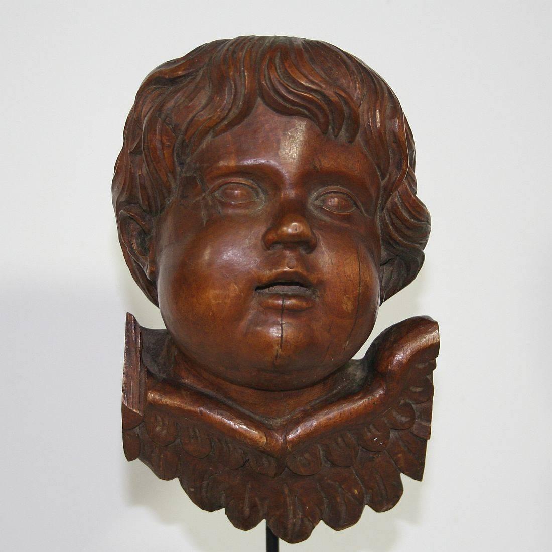 French 18th Century Carved Wood Baroque Angel Head Cherub 5