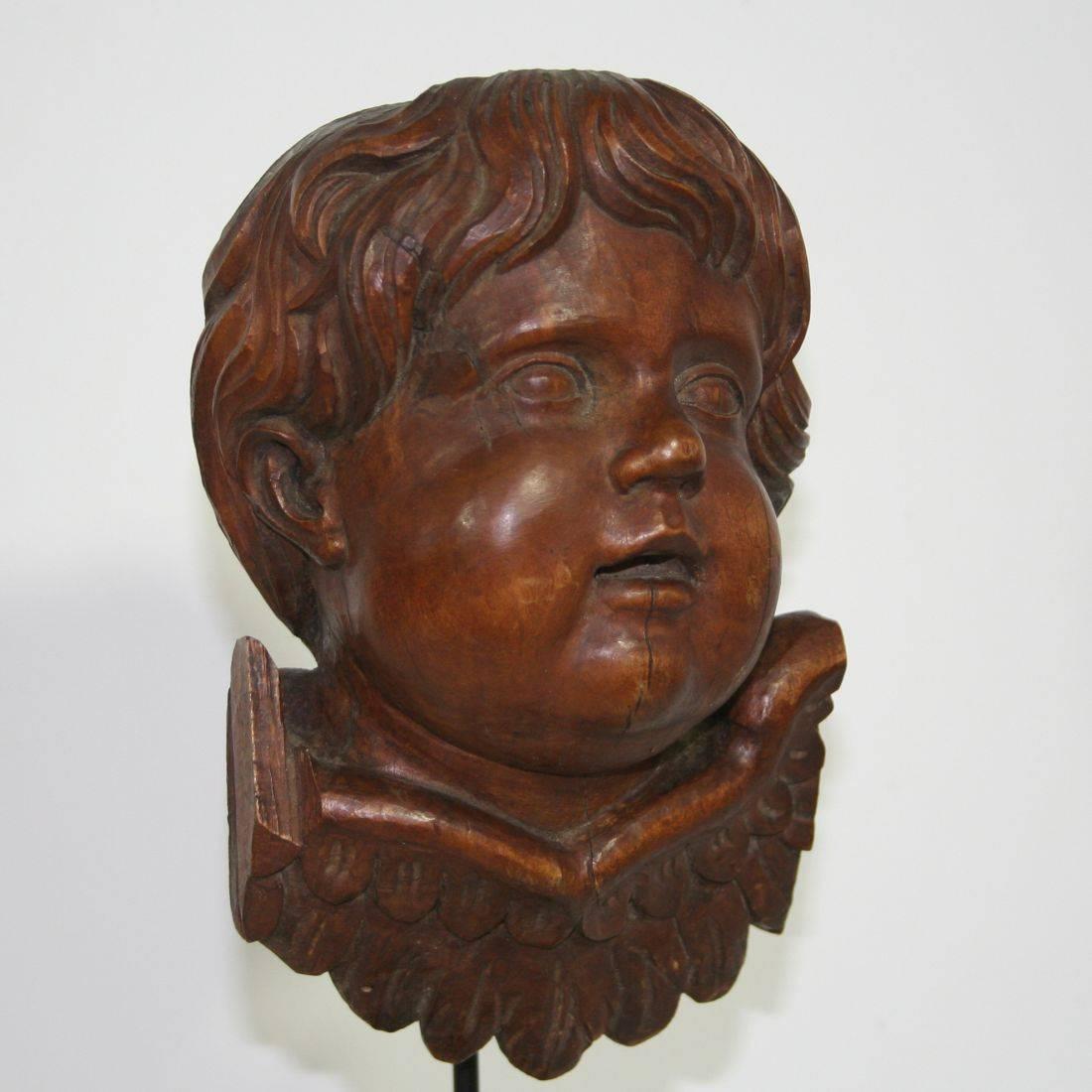 French 18th Century Carved Wood Baroque Angel Head Cherub 6