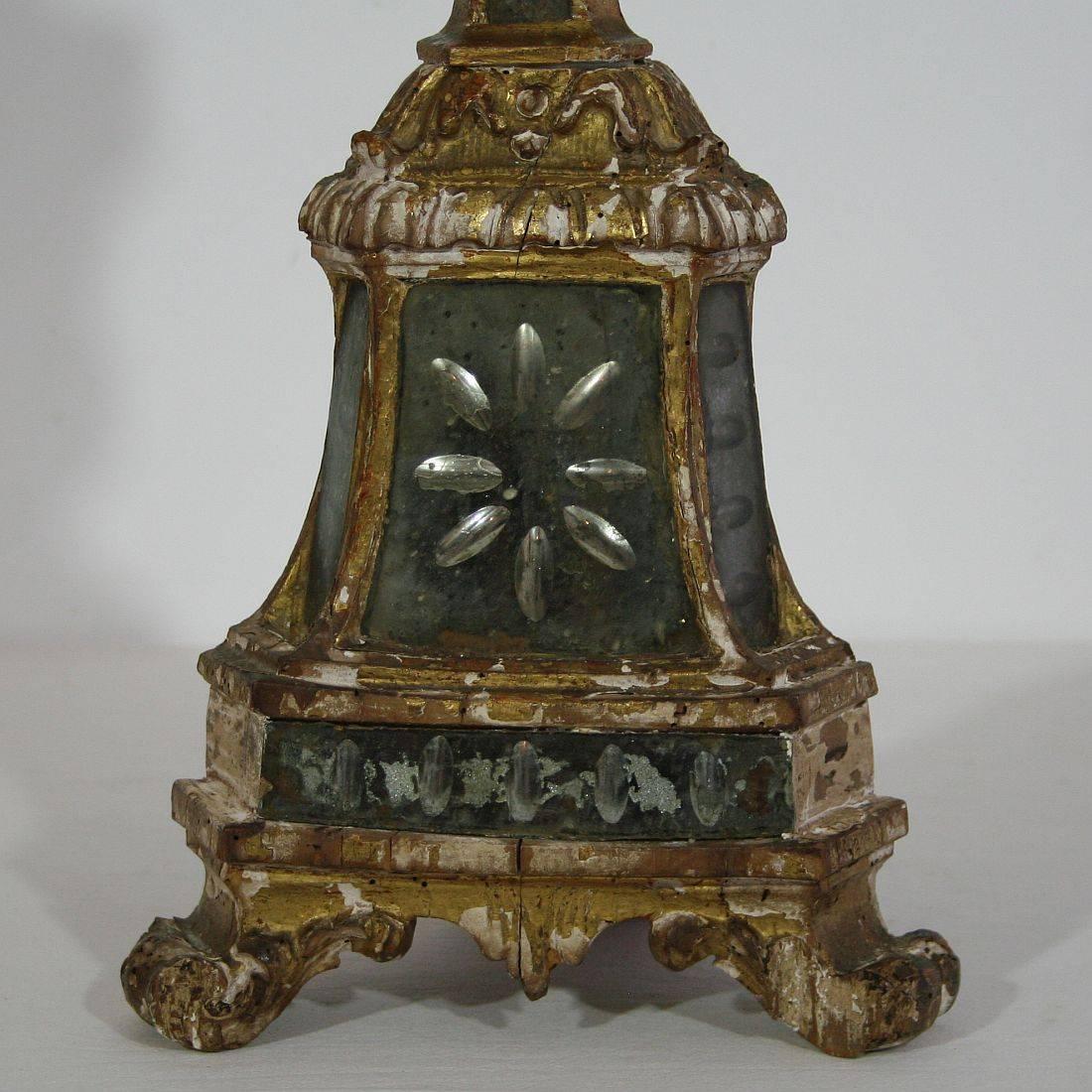 Large Italian 18th Century Carved Giltwood Baroque Candlestick with Small Mirror 1