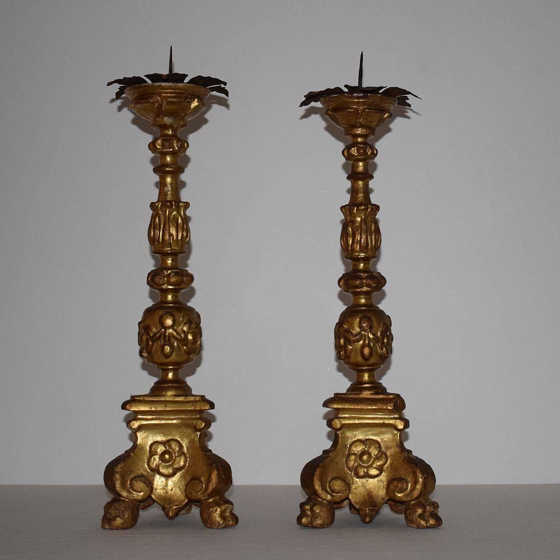 Baroque 17th Century Italian Giltwood Candlesticks With Angels