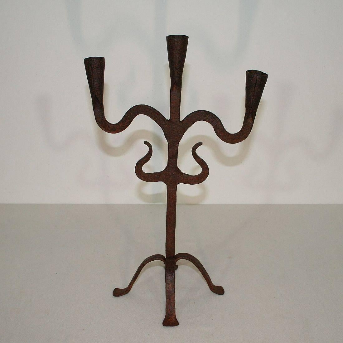 18th Century and Earlier Pair of 18th Century Hand-Forged Iron Candleholders