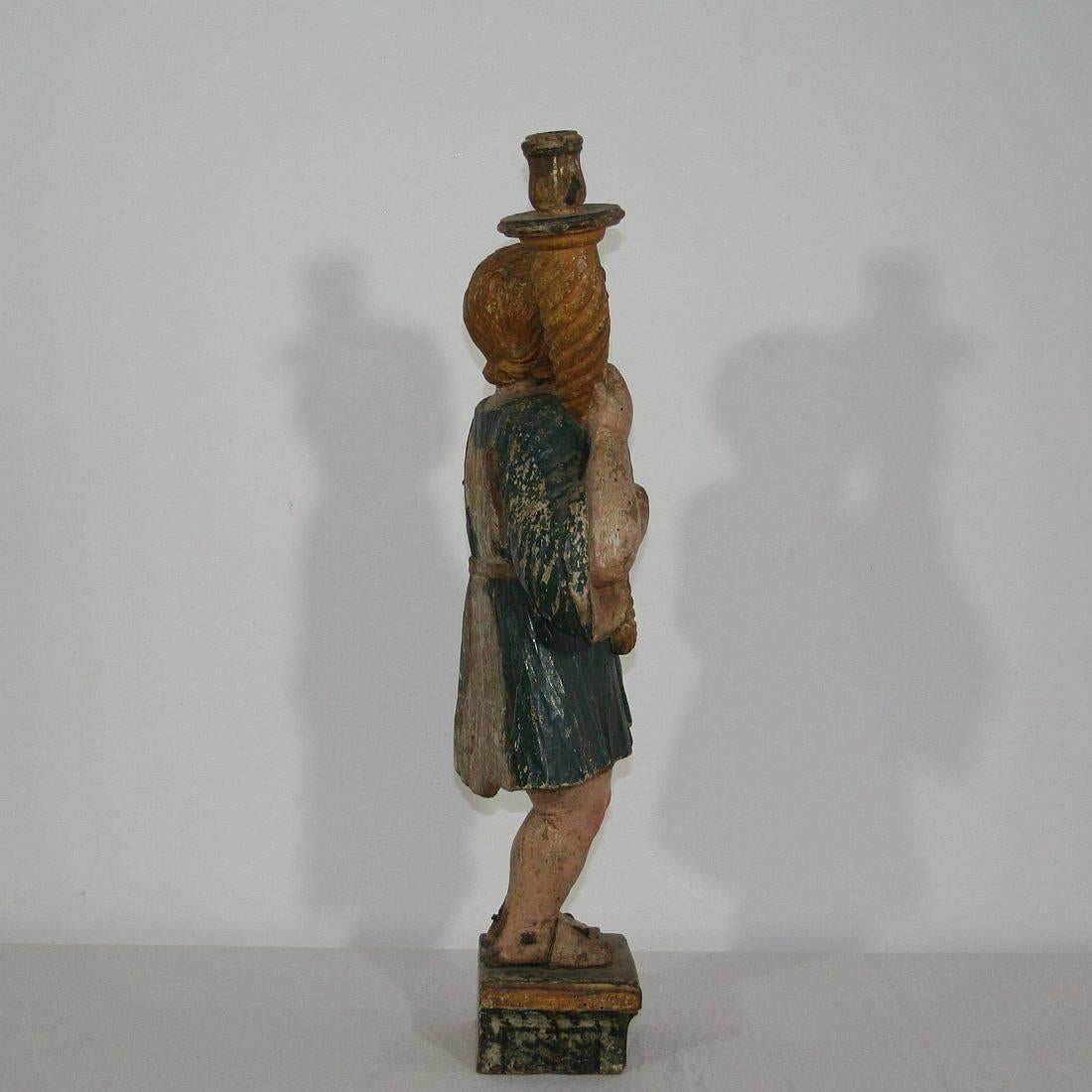 18th Century and Earlier 17th Century, Early Baroque Carved Wooden Angel with a Candleholder