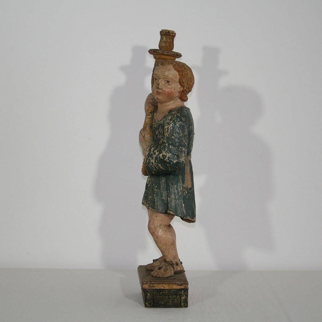 Painted 17th Century, Early Baroque Carved Wooden Angel with a Candleholder
