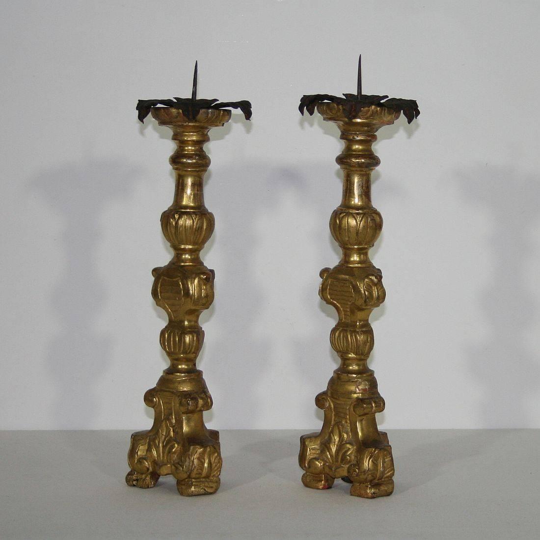 Hand-Carved 18th Century, Italian Baroque Giltwood Candlesticks