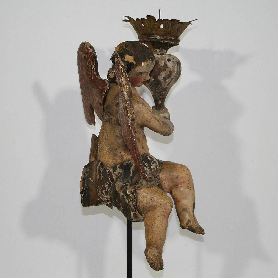 18th Century, Italian Carved Wood Baroque Angel with Candleholder 1