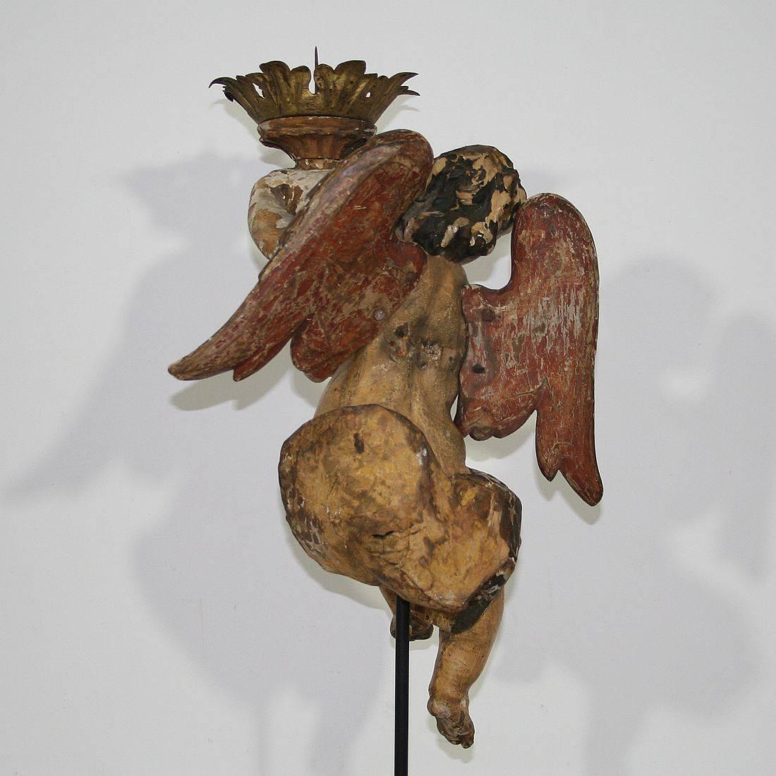 18th Century, Italian Carved Wood Baroque Angel with Candleholder 2