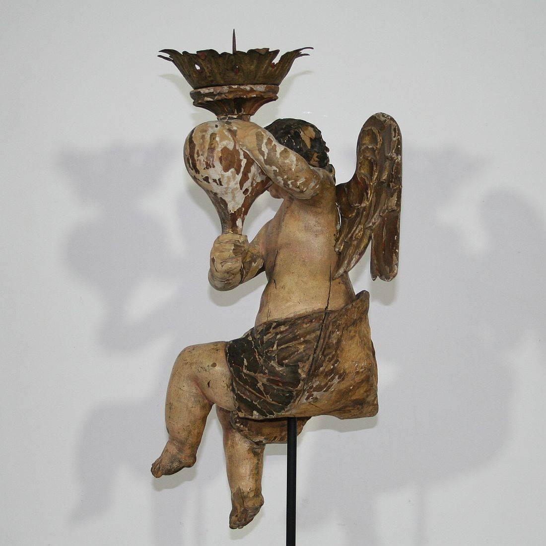 18th Century, Italian Carved Wood Baroque Angel with Candleholder 3