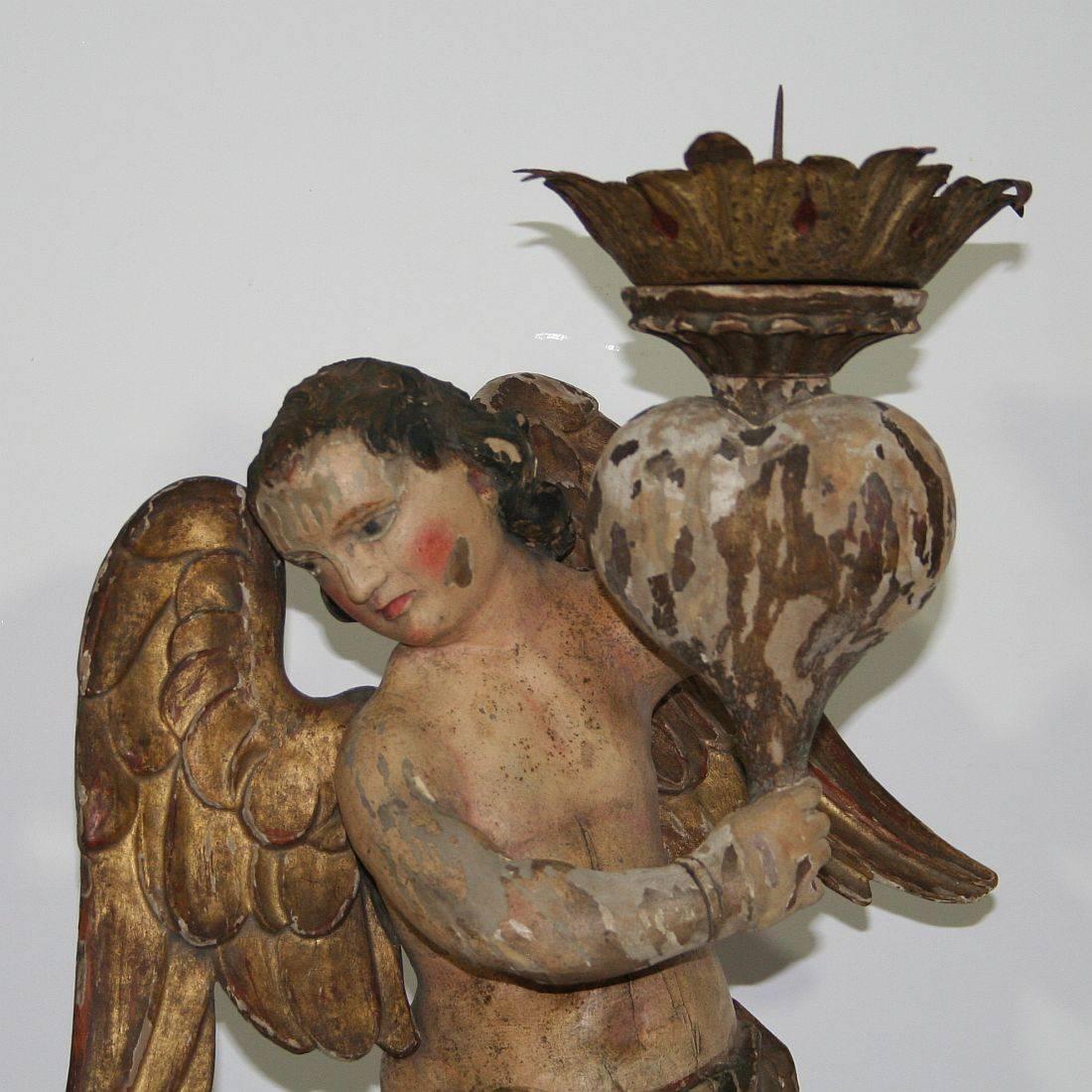 18th Century, Italian Carved Wood Baroque Angel with Candleholder 4