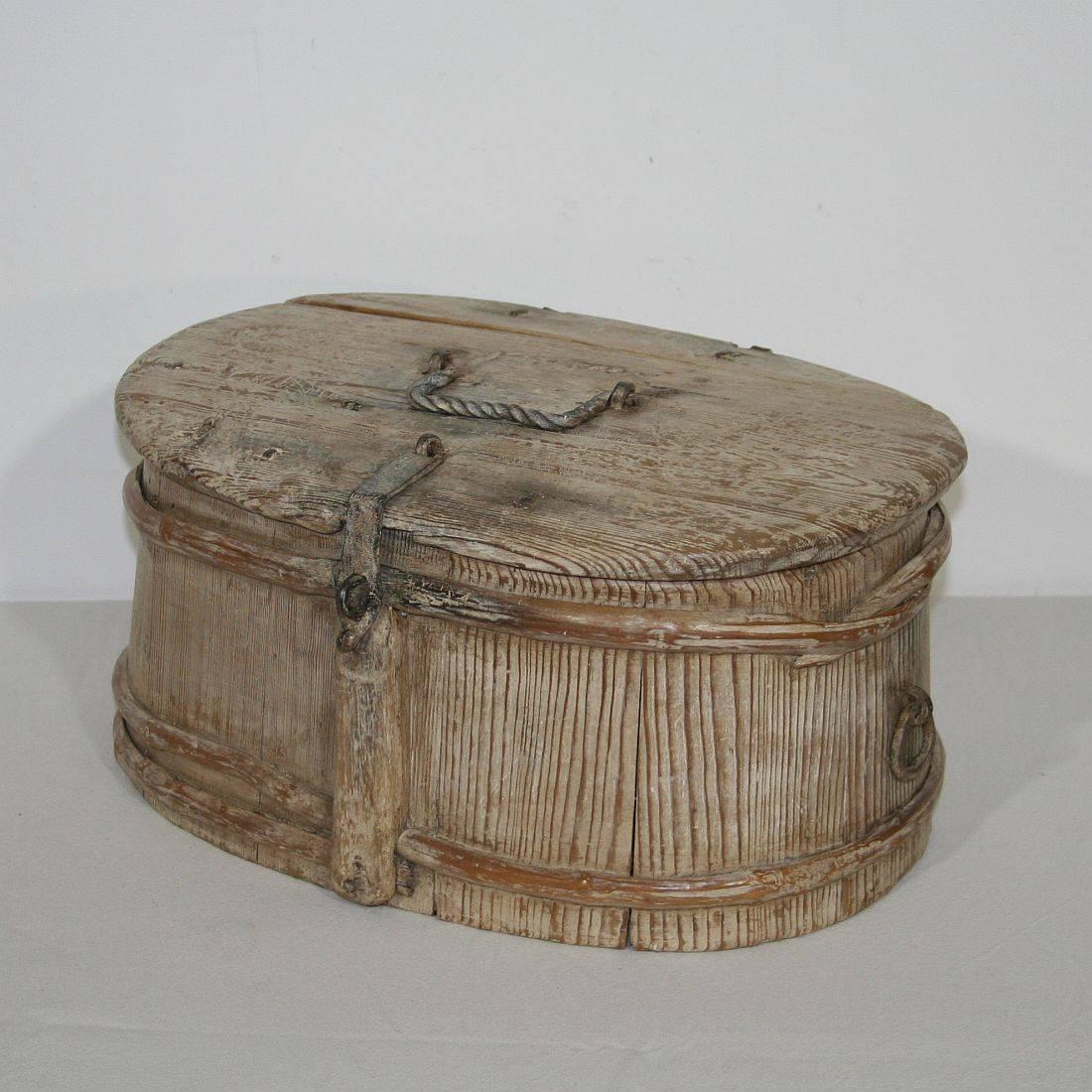 Spectacular Swedish bentwood travel-box dated 1706 with stunning patina and wrought iron details.
Sweden, 1706
Weathered. More pictures are available on request.