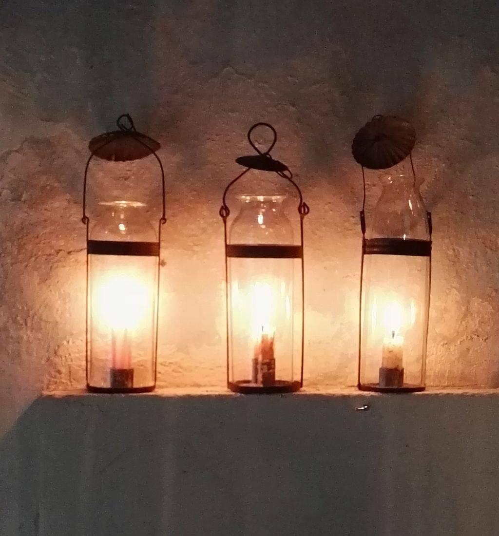 Beautiful small collection of three rare glass lantern from Lyon,
France, circa 1900. Good condition.
Measures: Standing H 19-21cm (7.5-8.25in) x W 9cm (3.5in) x D 7cm (2.75in). Hanging H 30-32cm (11.75-12.5in) x W 7cm (2.75in).