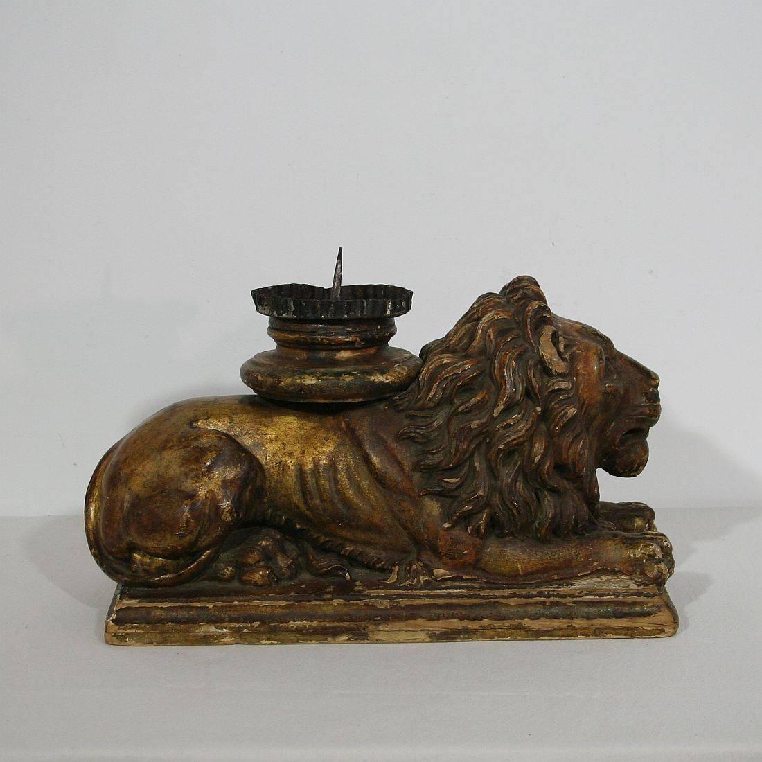 18th Century and Earlier Italian 18th Century Baroque Carved Wooden Lion with Candle-Holder
